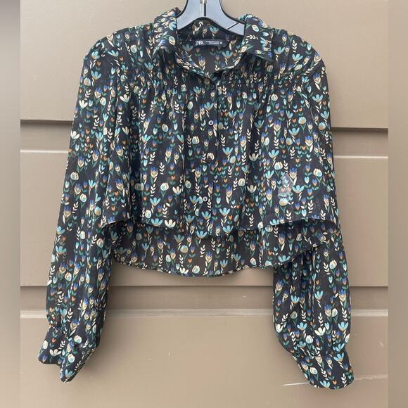 Zara Sheer Crop Floral Button Down XS - Picture 1 of 6